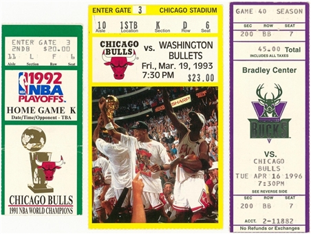 Lot of (3) Chicago Bulls Memorable Game Tickets - 1992 Finals Shrug Game, 1993 LaBradford Smith Game & 1996 Bulls 70th Win